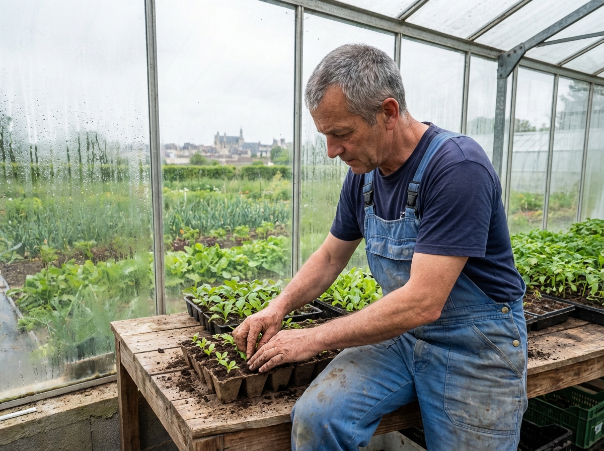 Homme cultivant des plants dans une serre à Nevers