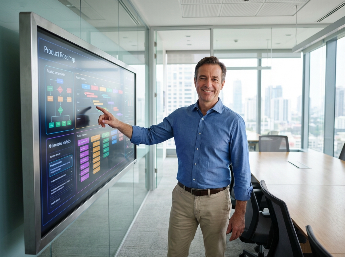 Homme devant un tableau interactif avec graphiques et données