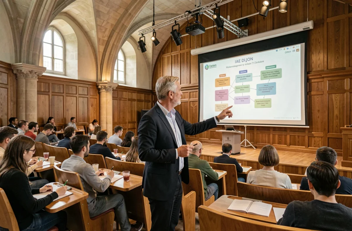 Professeur donnant un cours de management dans l'amphithéâtre de l'IAE Dijon école universitaire de management
