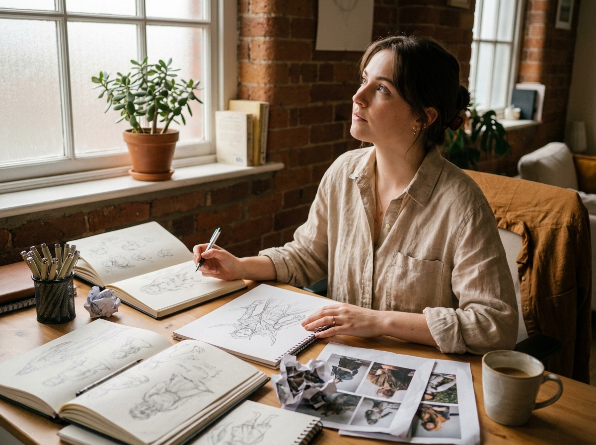 Jeune illustratrice travaillant sur des croquis de personnages dans un studio chaleureux avec carnets et feutres sur un bureau en bois