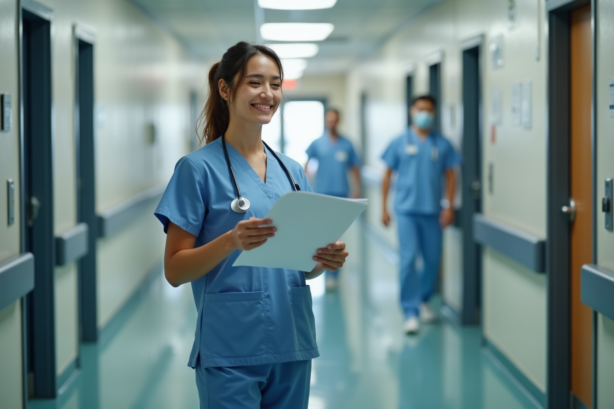 Infirmière souriante en blouse dans un couloir d