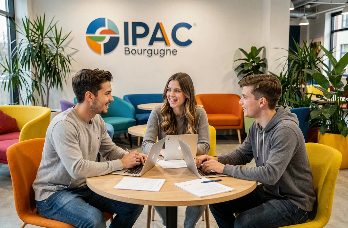 Étudiants discutant autour d'une table dans l'espace lounge moderne de l'IPAC Bourgogne