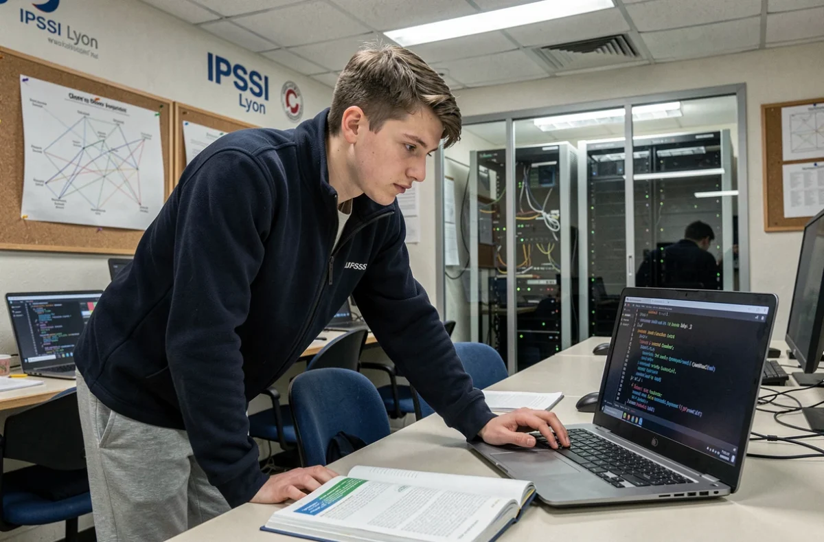 Étudiant en cybersécurité travaillant sur un terminal Linux dans une salle de cours à IPSSI Lyon