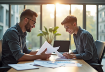 Jeune apprenti souriant avec mentor dans un bureau lumineux