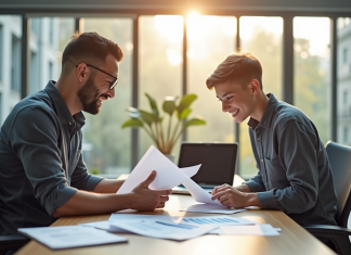 Jeune apprenti souriant avec mentor dans un bureau lumineux