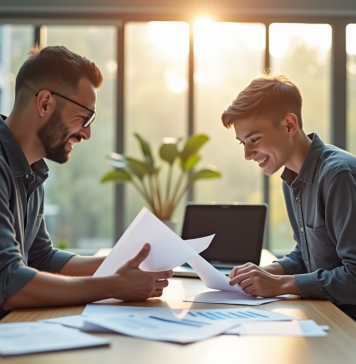 Jeune apprenti souriant avec mentor dans un bureau lumineux