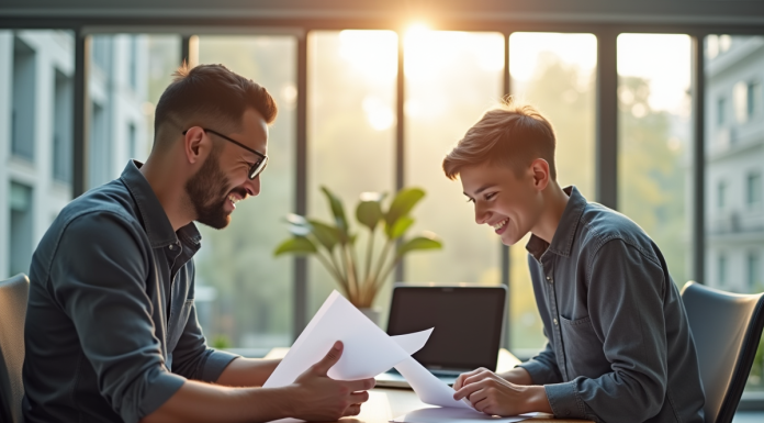 Jeune apprenti souriant avec mentor dans un bureau lumineux