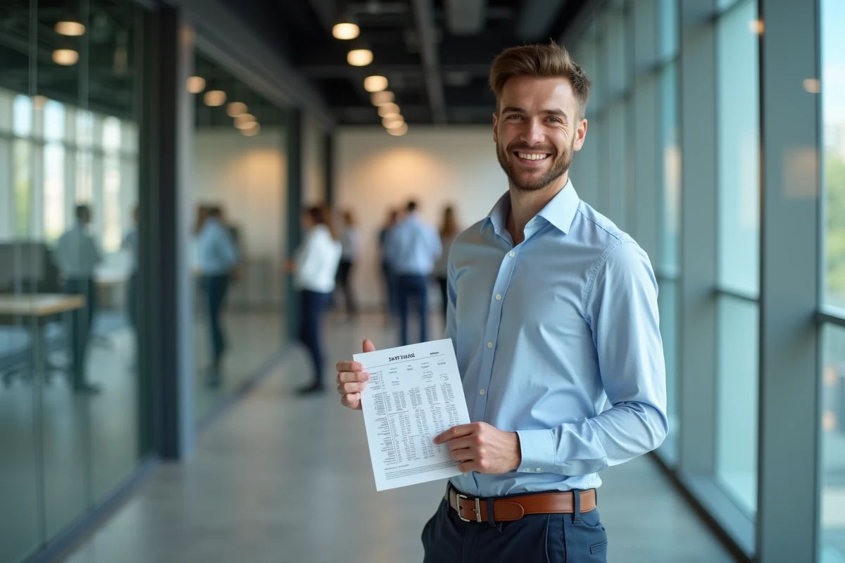 Jeune apprenti souriant dans un couloir de bureau avec salaires imprimés
