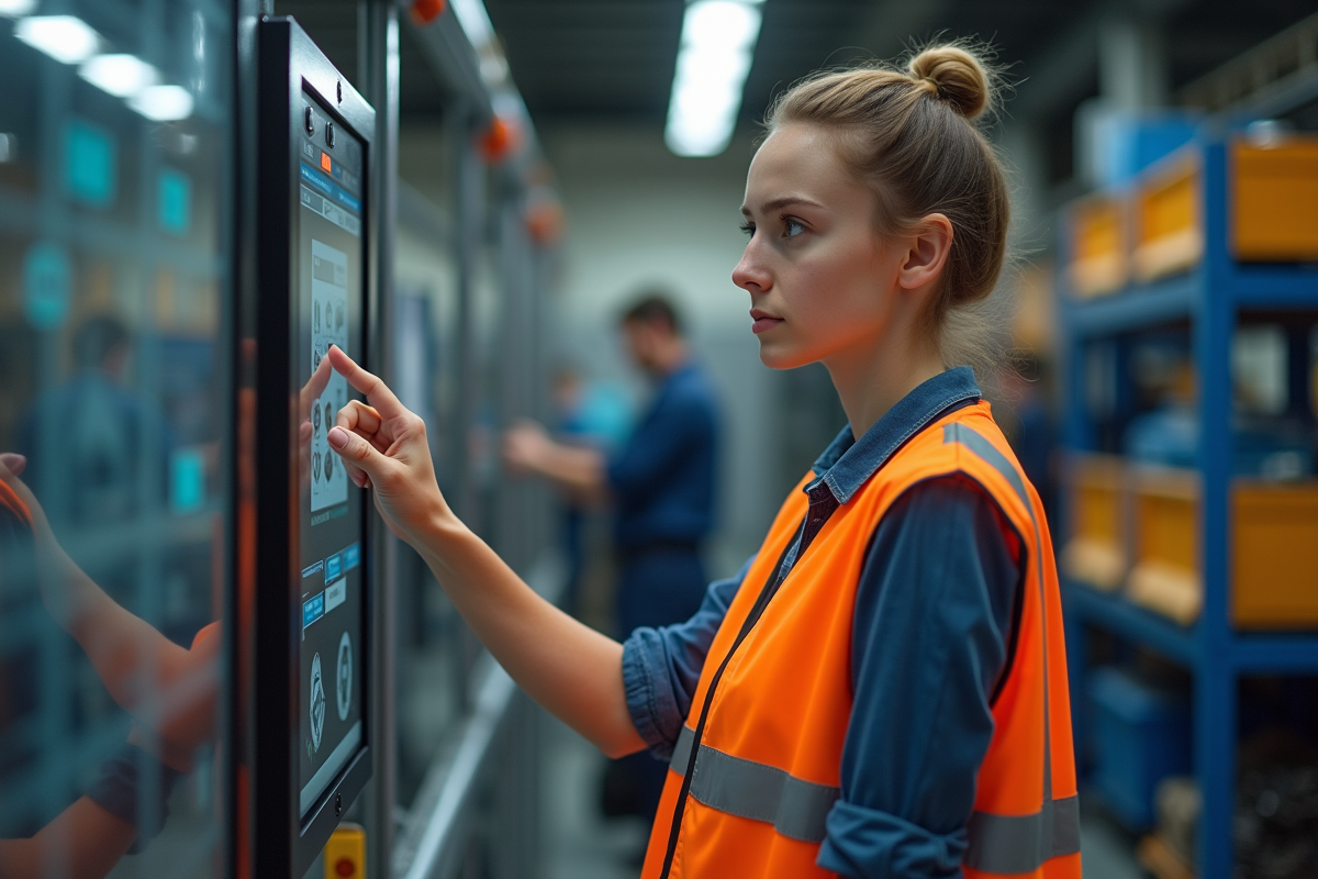 Jeune femme en formation technique utilisant un écran tactile