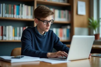Jeune étudiant en bibliothèque universitaire concentré sur son ordinateur portable