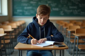 Jeune garçon concentré en classe avec cahier et calculatrice