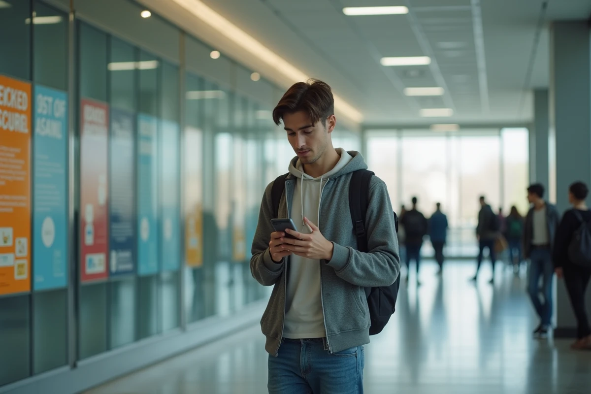 Jeune étudiant confus regardant son smartphone dans un hall universitaire