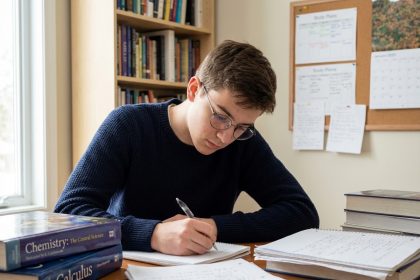 Jeune garçon concentré à étudier à la maison