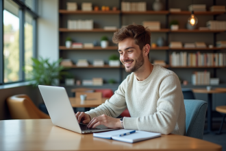 Jeune étudiant universitaire souriant devant son ordinateur