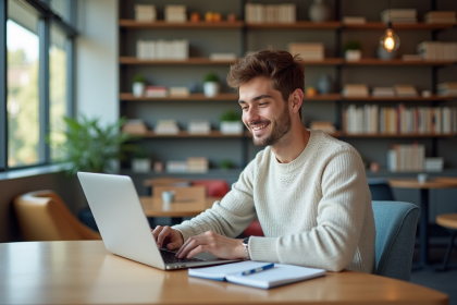 Jeune étudiant universitaire souriant devant son ordinateur
