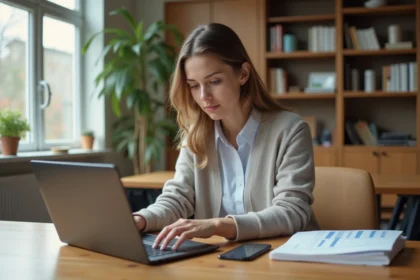 Jeune étudiante concentrée sur un graphique de salaire dans un espace moderne