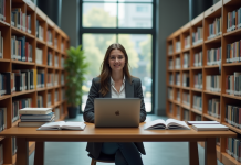Entrepreneuriat : quel diplôme choisir pour réussir ? Jeune femme en bibliothèque universitaire avec livres et ordinateur