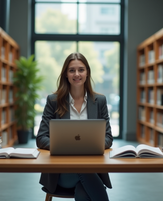 Jeune femme en bibliothèque universitaire avec livres et ordinateur