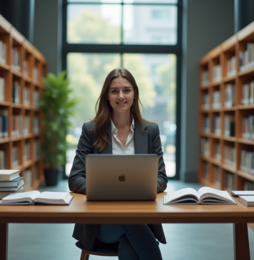 Jeune femme en bibliothèque universitaire avec livres et ordinateur