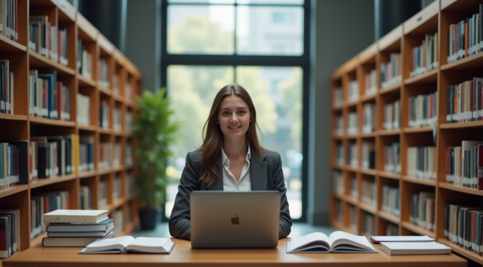 Jeune femme en bibliothèque universitaire avec livres et ordinateur