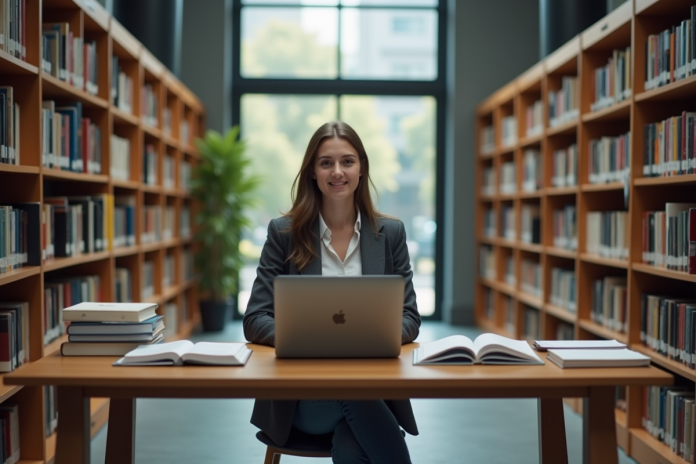jeune-femme-bibliotheque Jeune femme en bibliothèque universitaire avec livres et ordinateur