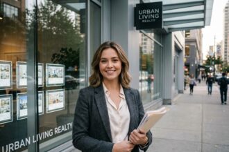 Jeune femme souriante tenant un dossier devant une agence immobilière, illustrant une carrière après un BTS Professions Immobilières