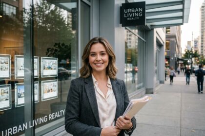 Jeune femme souriante tenant un dossier devant une agence immobilière, illustrant une carrière après un BTS Professions Immobilières