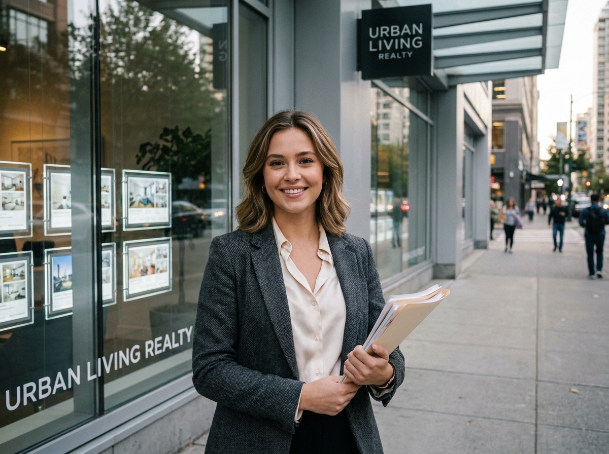 Jeune femme souriante tenant un dossier devant une agence immobilière, illustrant une carrière après un BTS Professions Immobilières