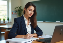 Jeune femme concentrée prenant des notes dans une salle de classe moderne