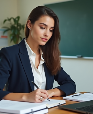 Jeune femme concentrée prenant des notes dans une salle de classe moderne