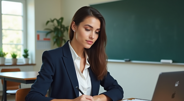 Jeune femme concentrée prenant des notes dans une salle de classe moderne