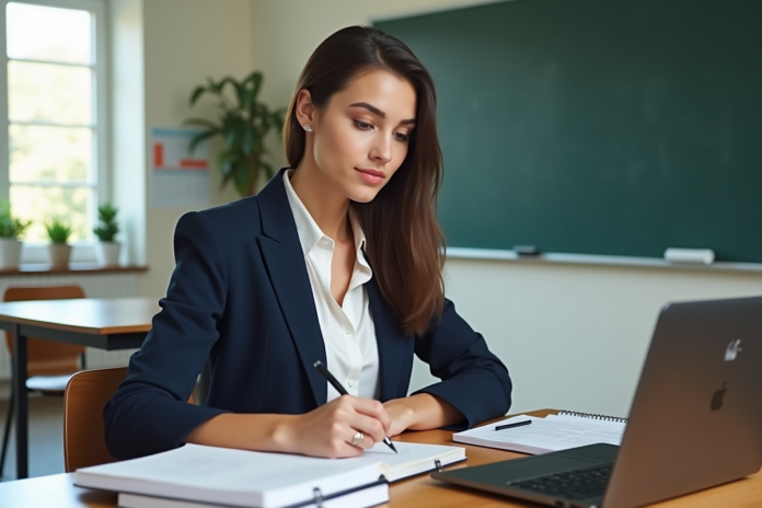 Jeune femme concentrée prenant des notes dans une salle de classe moderne