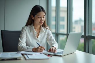 Jeune femme professionnelle en bureau avec ordinateur et livres de langues