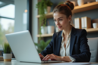 Jeune femme professionnelle travaillant sur un ordinateur dans un bureau lumineux