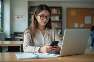 Jeune femme travaillant sur un ordinateur dans un bureau moderne