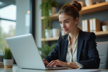 Jeune femme professionnelle travaillant sur un ordinateur dans un bureau lumineux