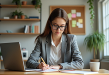 Meilleurs outils TIC : découvrez les indispensables pour votre activité en ligne Jeune femme en bureau organisé avec ordinateur et notes