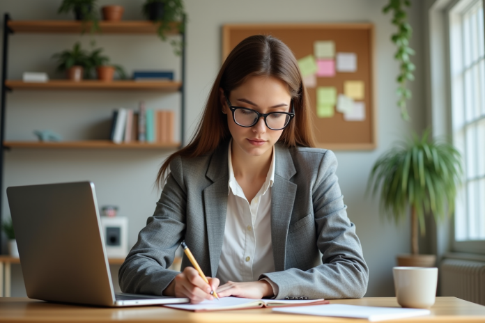 Jeune femme en bureau organisé avec ordinateur et notes