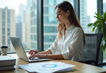 Utilisations et bénéfices de MS Office : importance et fonctionnalités du logiciel Jeune femme professionnelle travaillant sur son ordinateur dans un bureau moderne