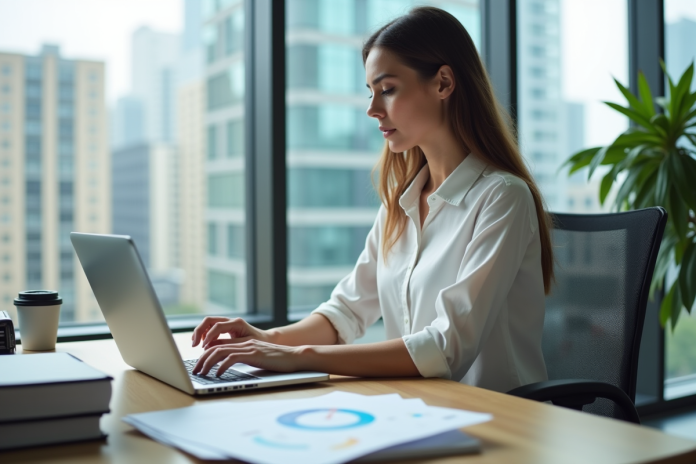Jeune femme professionnelle travaillant sur son ordinateur dans un bureau moderne