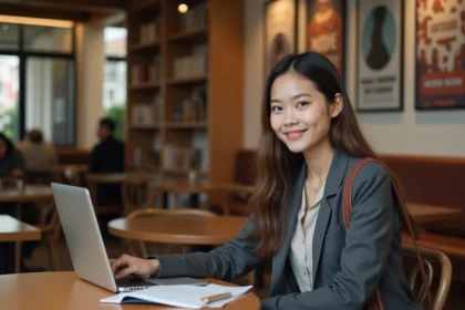 Jeune femme au bureau avec ordinateur et carnet