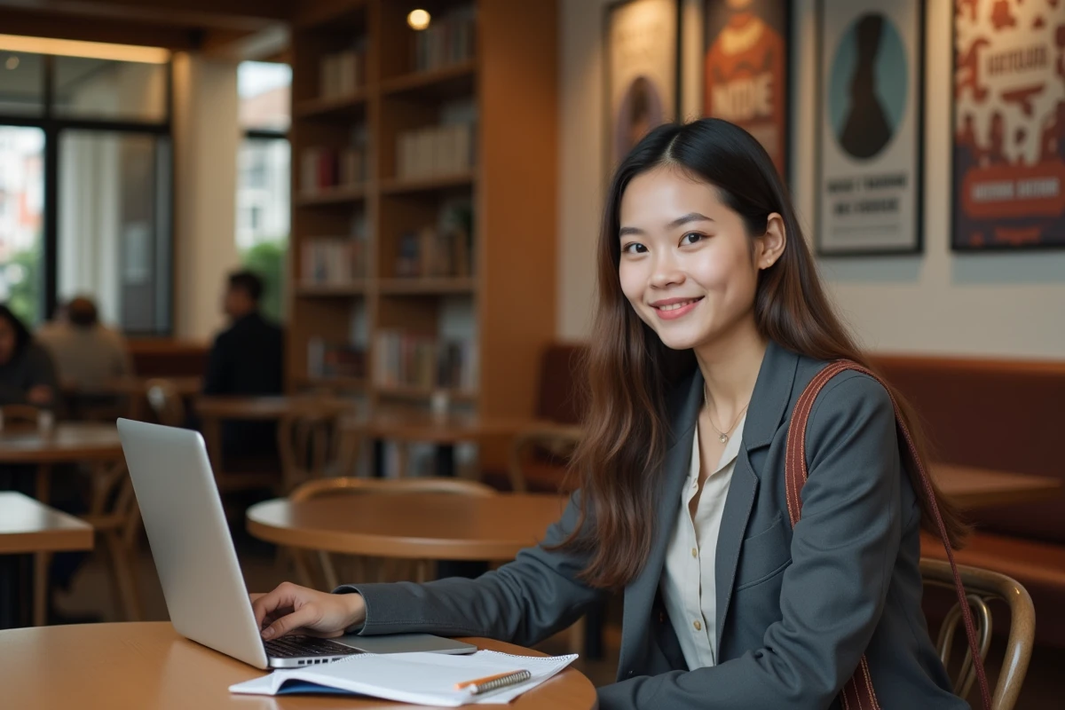 Jeune femme au bureau avec ordinateur et carnet