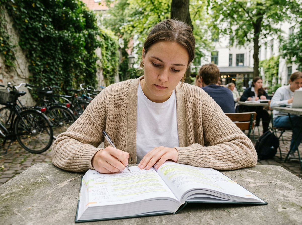 Jeune femme lisant dans un café en extérieur