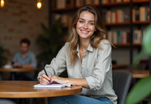 Jeune femme souriante prenant des notes dans un café
