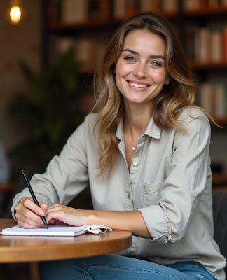 Jeune femme souriante prenant des notes dans un café