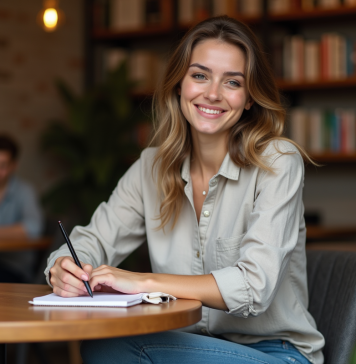 Jeune femme souriante prenant des notes dans un café