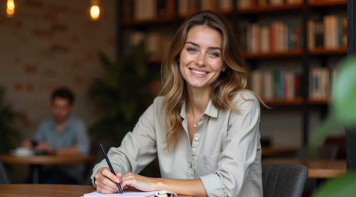 Jeune femme souriante prenant des notes dans un café