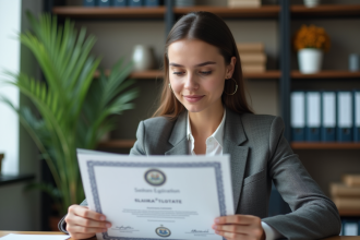 Jeune femme examinant un certificat officiel dans un bureau moderne