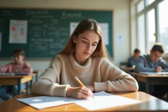 Jeune femme en classe dessinant une ligne tangente sur un graphique