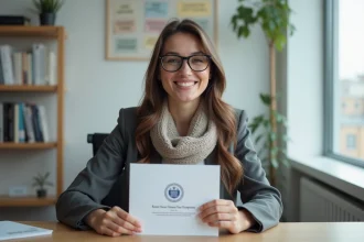 Jeune femme souriante avec diplôme RNCP dans un bureau moderne